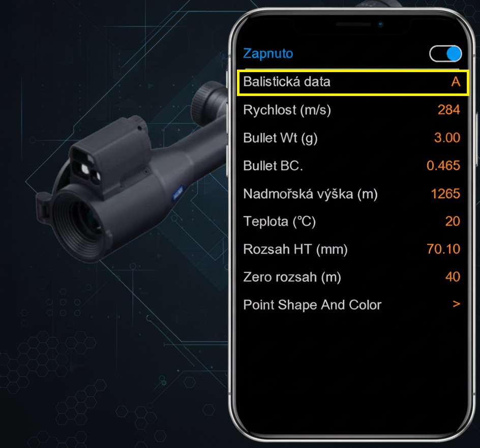 Balistické profily A–E v zaměřovači PARD